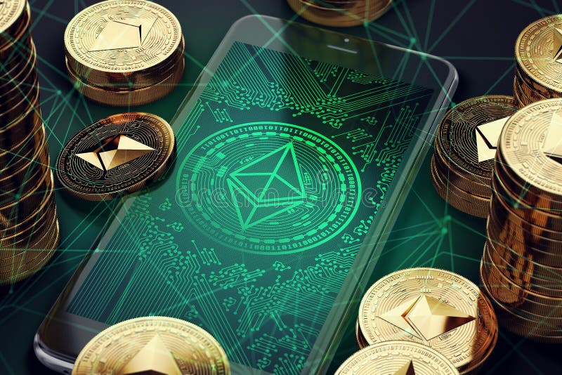 Smartphone mit Ethereum-Symbol, das unter Stapel von goldenem Ethereum Bildschirm ist, prägt stock abbildung Smartphone mit Ethereum-Symbol, das unter Stapel von goldenem Ethereum Bildschirm ist, prägt stock abbildung