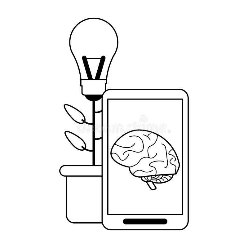 Smartphone mit Gehirn auf dem großen Ideentopf des Schirmes und der Blume Schwarzweiss lizenzfreie abbildung Smartphone mit Gehirn auf dem großen Ideentopf des Schirmes und der Blume Schwarzweiss lizenzfreie abbildung