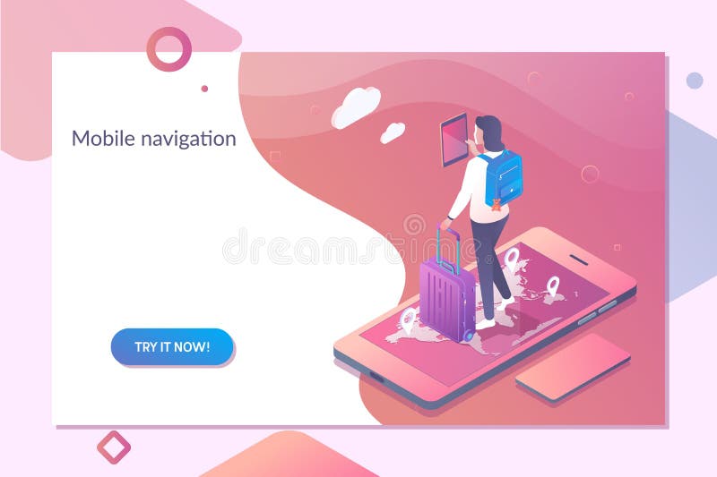 Smartphone with mobile navigation app on screen. Online Navigation template in isometric vector illustration royalty free illustration Smartphone with mobile navigation app on screen. Online Navigation template in isometric vector illustration royalty free illustration