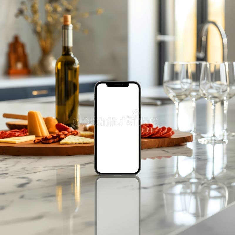 Smartphone Mockup on Kitchen Counter with Wine Food royalty free illustration