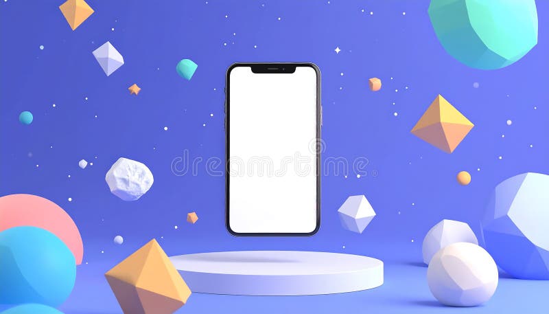 Smartphone mockup on podium amidst colorful floating 3D geometric shapes in abstract space stock illustration