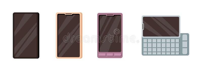 Smartphone moderni con touchscreen. Smartphone con touchscreen e tastiera con tasti di piccole dimensioni per la digitazione dei messaggi. evoluzione cellulare isolata in stile vignetta piatta vettoriale. moderne tecnologie di comunicazione e di comunicazione