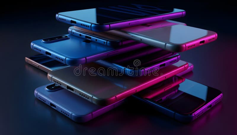 Smartphone moderni impilati su una superficie scura con luce al neon e un elegante bagliore futuristico illustrazione vettoriale