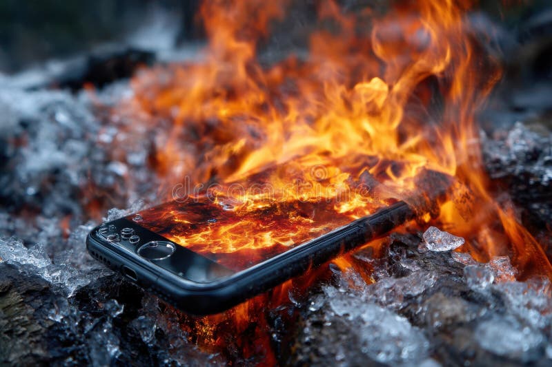 Smartphone napędzany płomieniem wśród lodu i drewna w dramatycznym kontraście elementów zdjęcia royalty free