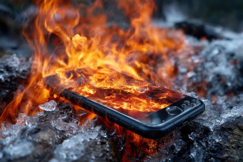 Smartphone napędzany płomieniem wśród lodu i drewna w dramatycznym kontraście elementów fotografia stock