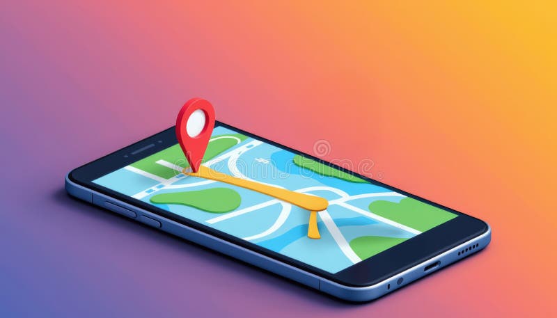 Smartphone with navigation map and location pin on screen showing route on colorful background royalty free illustration