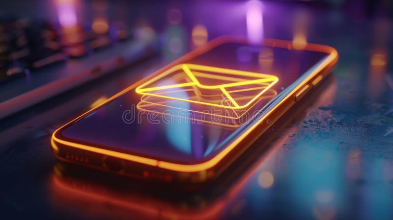 Smartphone with a neon email icon glowing on a reflective surface. stock photography