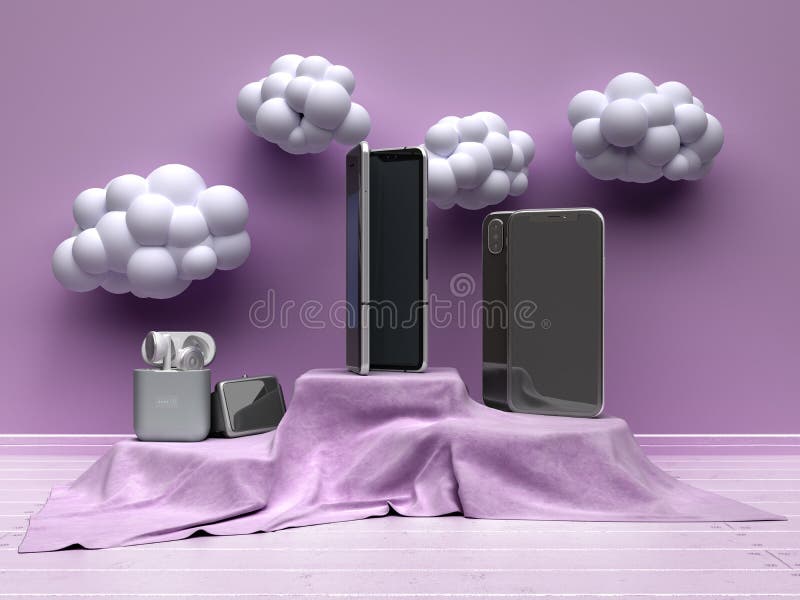 Smartphone och accessoarer på väven catwaldo 3d-rendering på enkelt färgrum stock illustrationer
