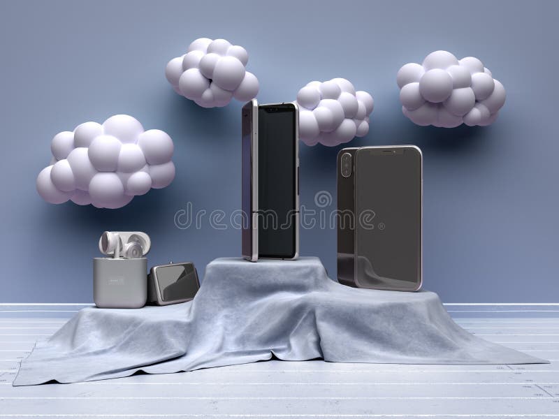 Smartphone och accessoarer på väven catwaldo 3d-rendering på enkelt färgrum vektor illustrationer