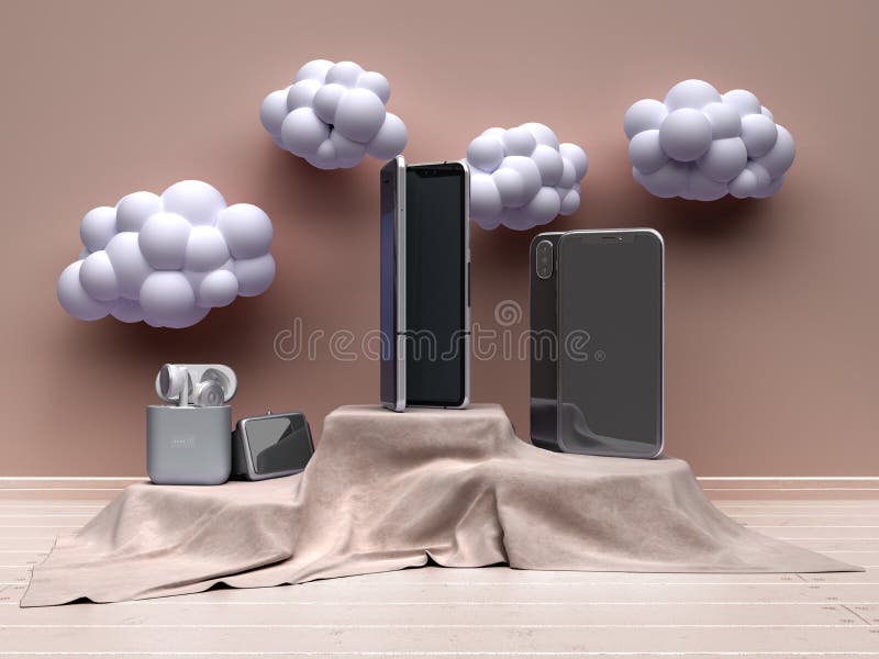 Smartphone och accessoarer på väven catwaldo 3d-rendering på enkelt färgrum royaltyfri illustrationer