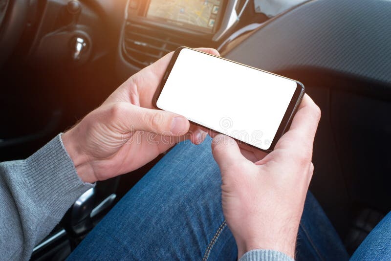 A smartphone in the passenger`s hand to promote the interface of navigation apps royalty free stock images