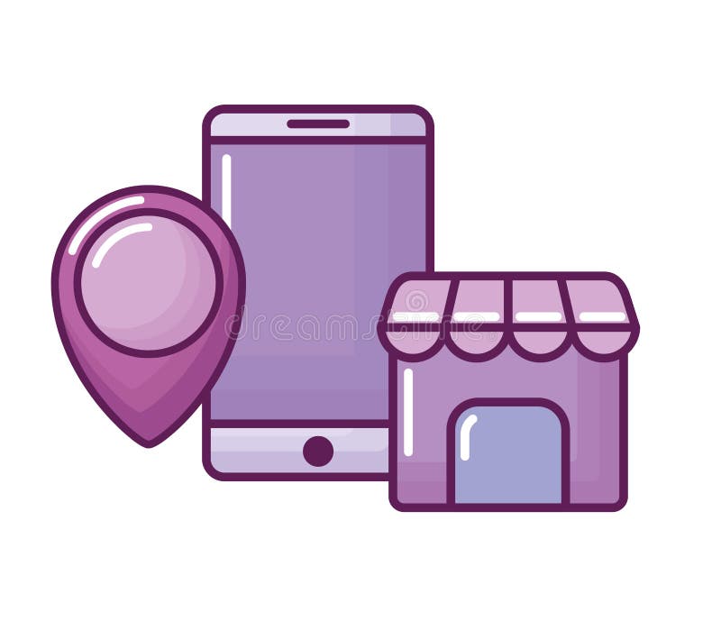 Smartphone with pin location and store building stock illustration