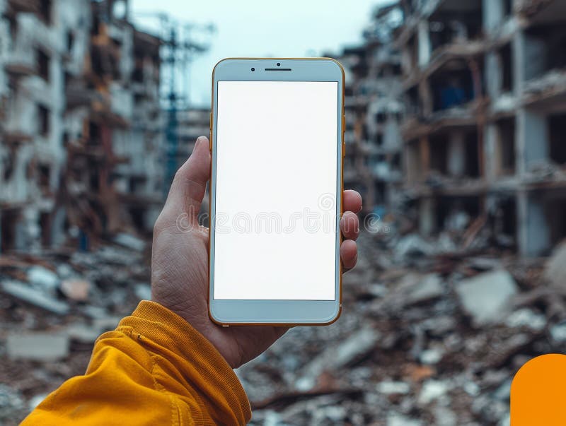 Smartphone-program för katastrofmeddelande och i bakgrunden håller en byggnad på att kollapsa på grund av en jordbävning stock illustrationer