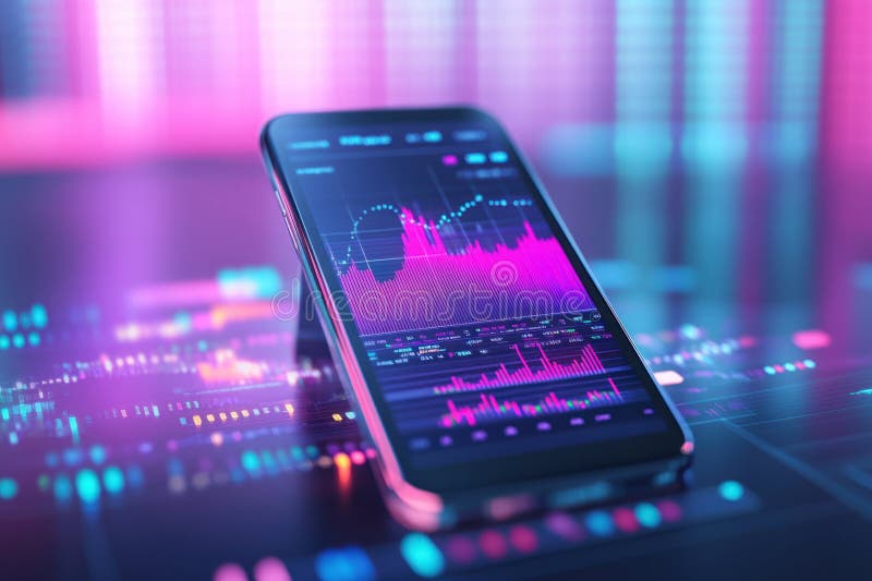 Smartphone que muestra datos del mercado de valores en interfaz digital futurista fotos de archivo libres de regalías