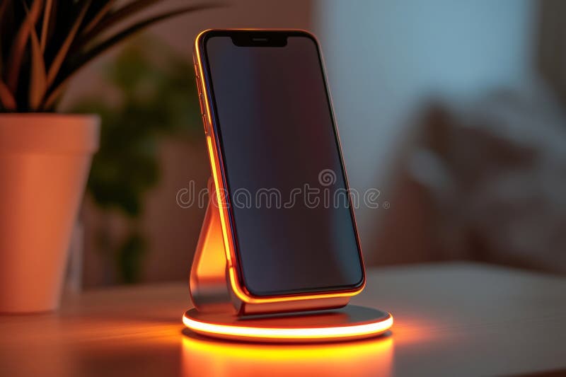 A smartphone rests on a wireless charging stand, illuminated by soft LED lights. The device is positioned in a cozy stock photos