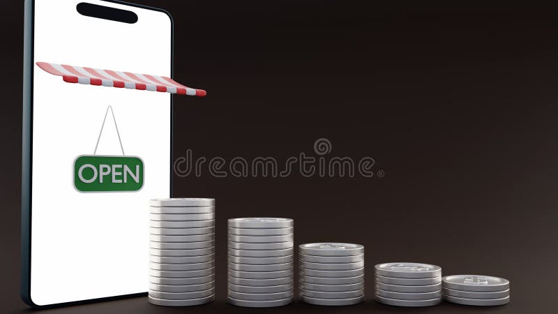 A smartphone with scattered coins, striped awning and green \'OPEN\' sign. royalty free illustration