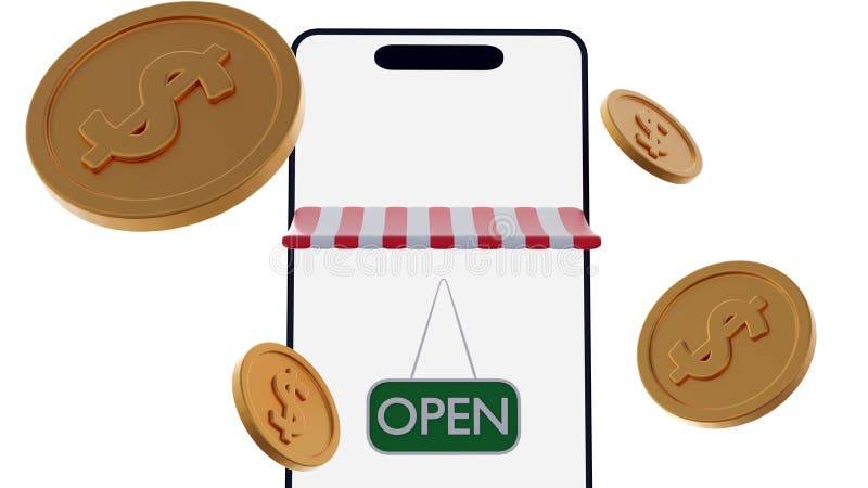 A smartphone with scattered coins, striped awning and green \'OPEN\' sign. vector illustration