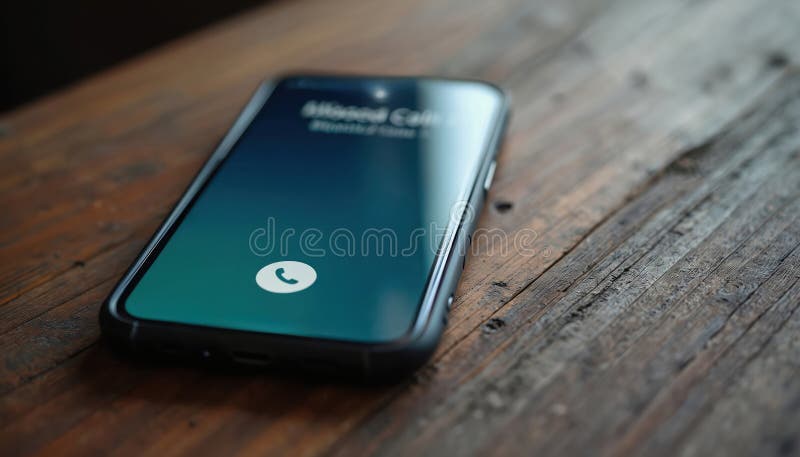 Smartphone screen displays missed call notification on wooden table. Digital communication interface, attention seeking alert. vector illustration