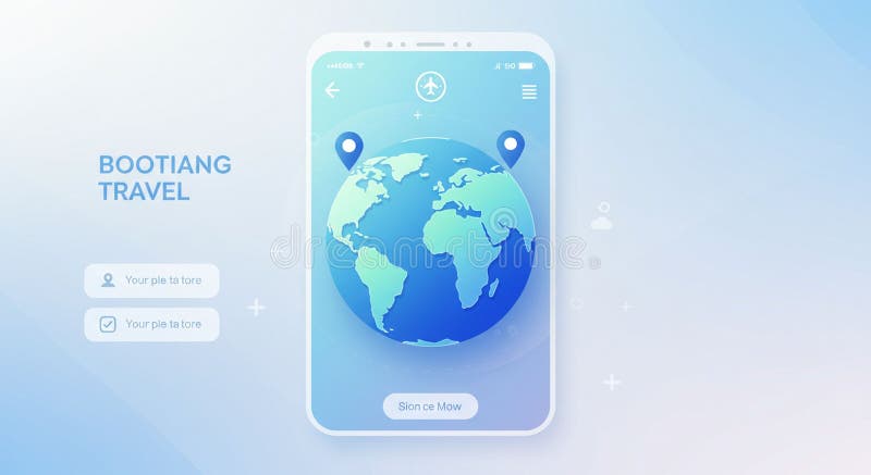 A smartphone screen displays a travel app interface with a globe centered, featuring vector illustration