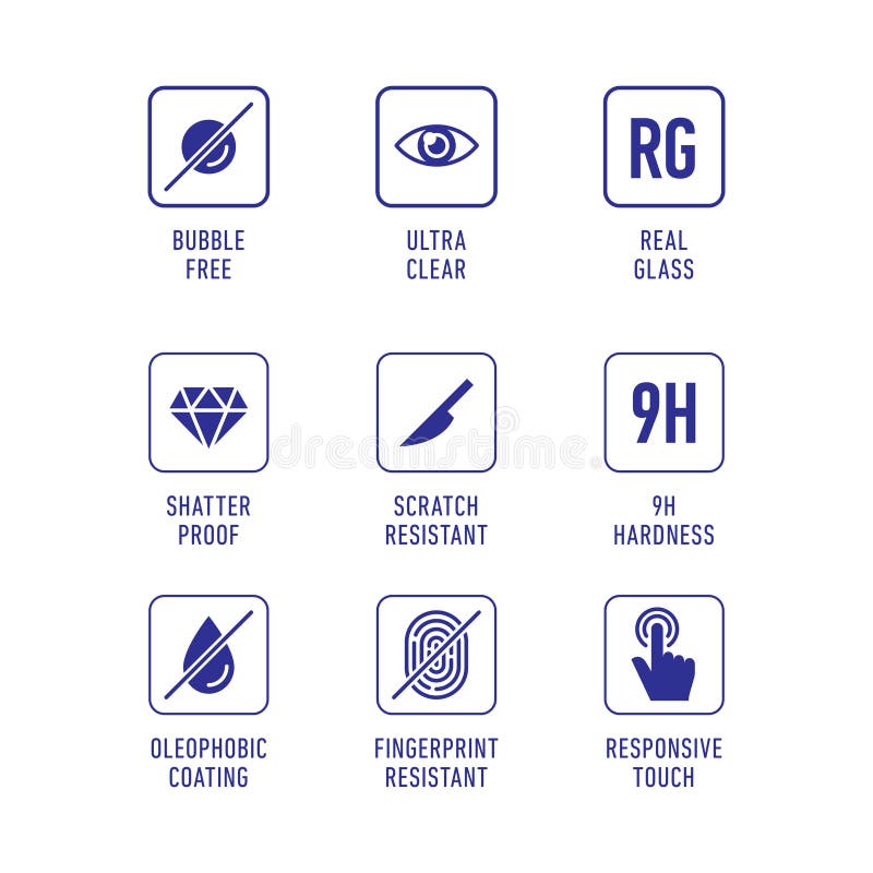Smartphone Screen Protection Icon Set, Tempered Glass, Screen Stock
