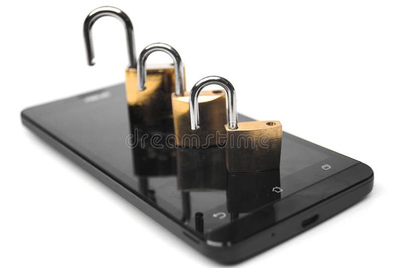 Transparent Smartphone with Lock Icon on Blue Background Stock Photo