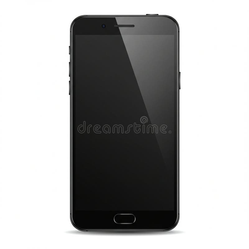 A smartphone with a sleek black design and a touchscreen dominates the image. The royalty free illustration