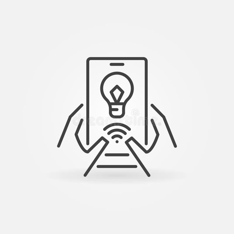 Smartphone and smart bulb app in hands vector outline icon vector illustration