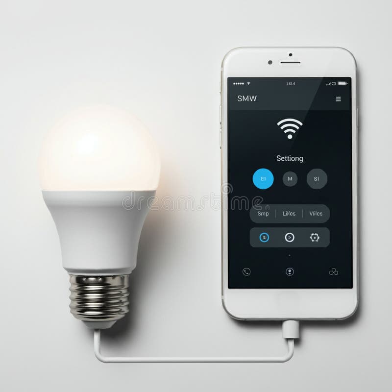 A smartphone and smart bulb are connected via a cable. The bulb is lit, indicating it is stock illustration