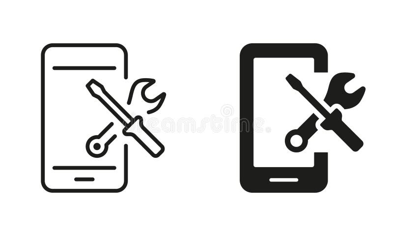 Smartphone Software Service Line Icon Set. Configuration and Technical Support of Cellphone Pictogram. Setting Up stock illustration
