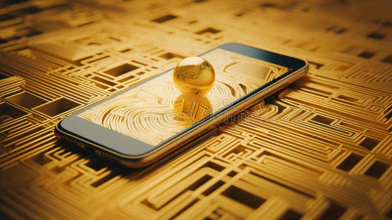 Smartphone spiegelt goldenes Datenfeld wider, das schnelle Kommunikationsai symbolisiert stock abbildung
