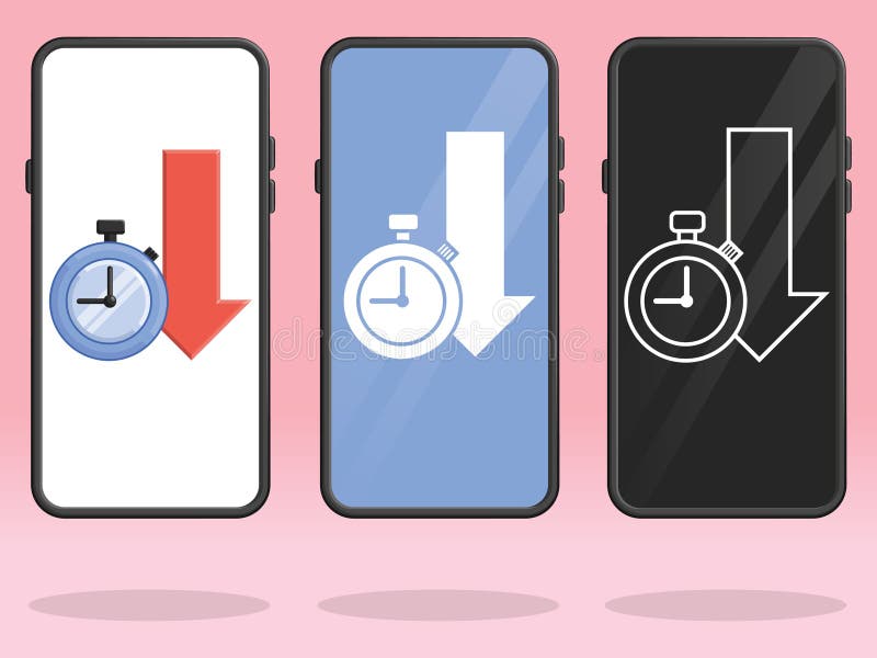 A set illustration of Smartphone displaying a Stopwatch with downward arrow as a symbol of a worse time or duration. Decrease silhouette illustration vectors
