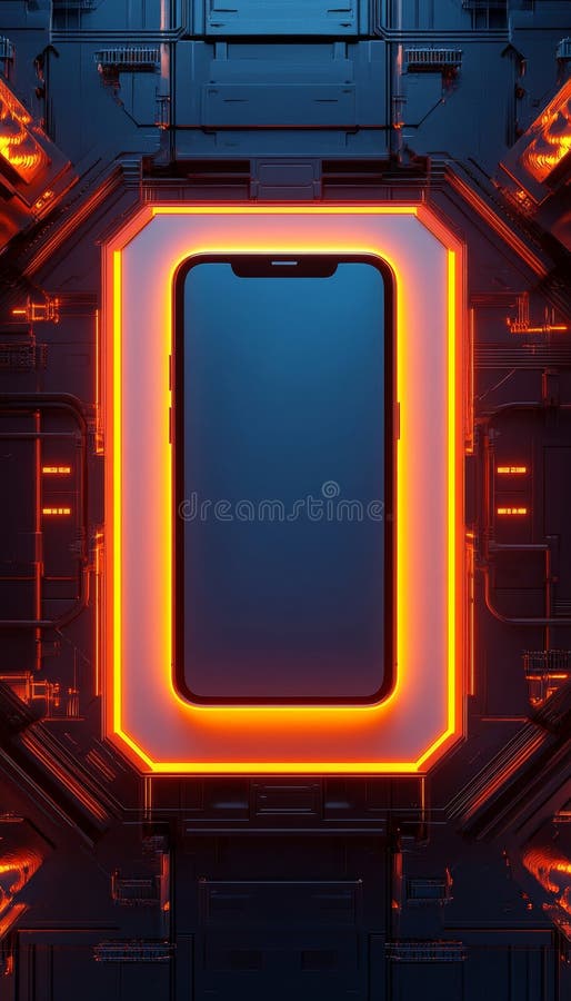 Smartphone su fondo bianco in una scena futuristica con luci blu e arancioni scure illustrazione di stock