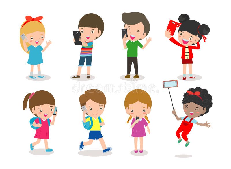 Smartphone-Sucht, Kinder mit Smartphone, Kinder mit Mobile, Junge und Mädchen mit Telefon stock abbildung Smartphone-Sucht, Kinder mit Smartphone, Kinder mit Mobile, Junge und Mädchen mit Telefon stock abbildung
