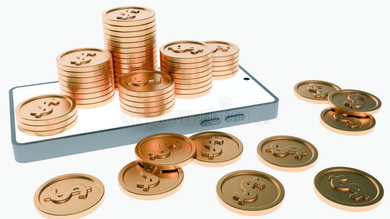 A smartphone surrounded by stacks and scattered gold coins vector illustration