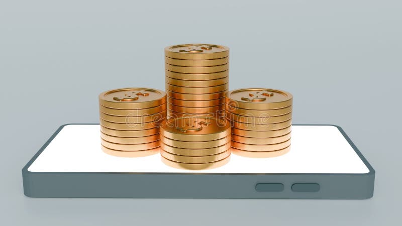 A smartphone surrounded by stacks and scattered gold coins vector illustration