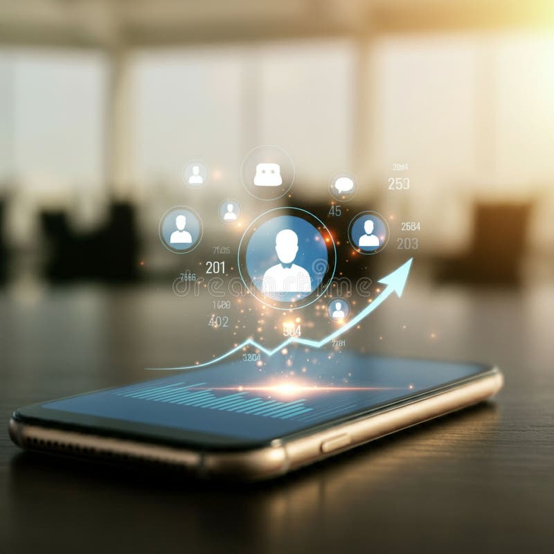 A smartphone on a table displays a holographic user interface with interconnected royalty free illustration