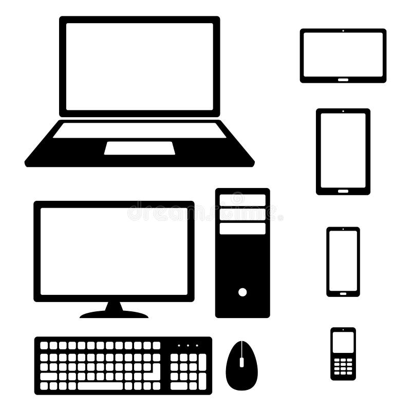 Smartphone, tableta, ordenador portátil, equipo de escritorio, teléfono, teclado y ratón de los iconos del dispositivo stock de ilustración Smartphone, tableta, ordenador portátil, equipo de escritorio, teléfono, teclado y ratón de los iconos del dispositivo stock de ilustración