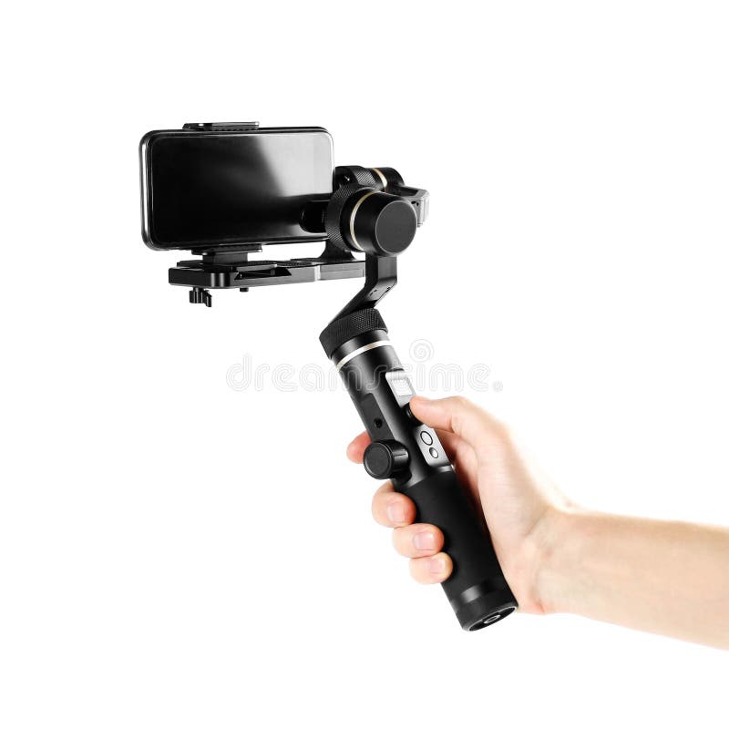 Smartphone on three-axis stabilizer. Close up. on white background stock photography