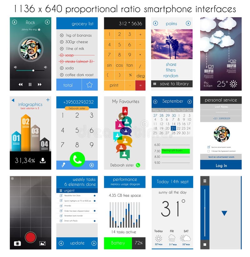 Smartphone UI flat style complete designer layout kit stock illustration Smartphone UI flat style complete designer layout kit stock illustration