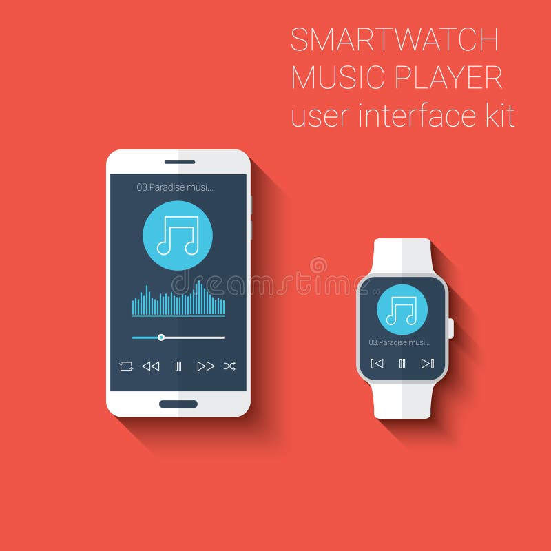 Smartphone und smartwatch Musikspieler-Benutzerschnittstellenikonenausrüstung Tragbares Technologiekonzept im modernen flachen De stock abbildung Smartphone und smartwatch Musikspieler-Benutzerschnittstellenikonenausrüstung Tragbares Technologiekonzept im modernen flachen De stock abbildung