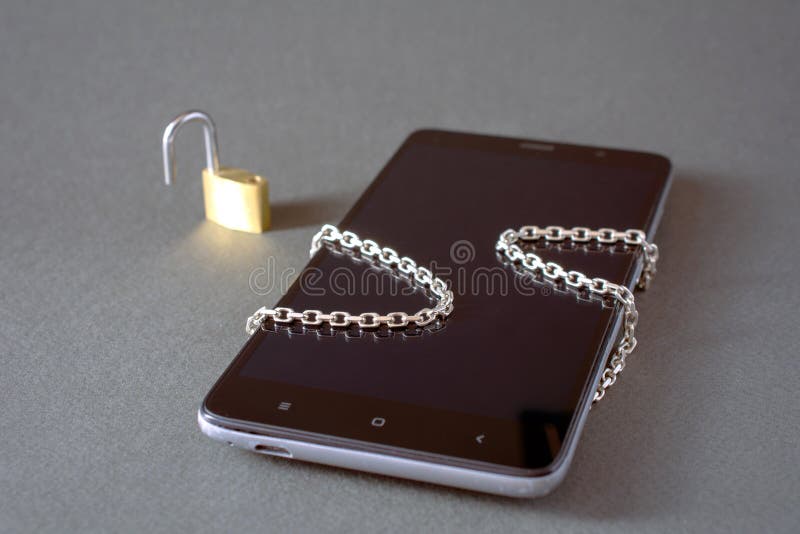 Smartphone with unlock padlock chain royalty free stock image