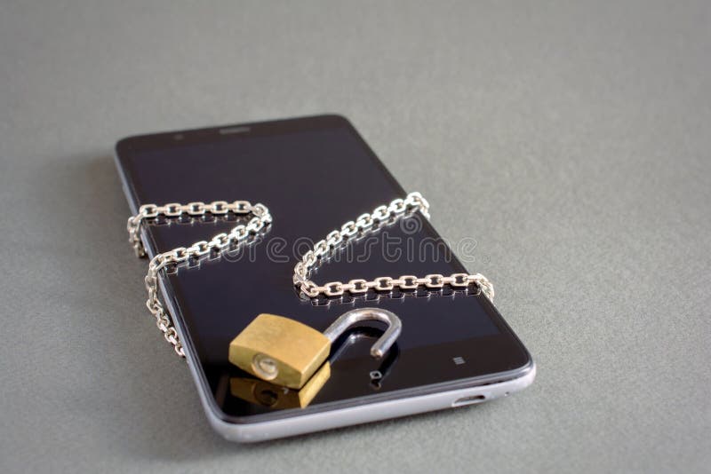 Smartphone with unlock padlock chain stock photo