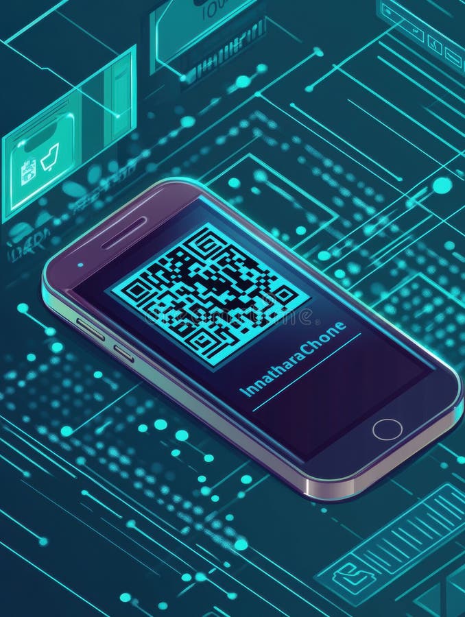 Smartphone using a futuristic interface to scan a QR code for online grocery order pickup in a digital environment royalty free stock photo