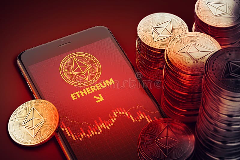 Smartphone vertical cu simbol diagramă de declin al etheumului pe ecran, printre grămezi de eter. stock illustration