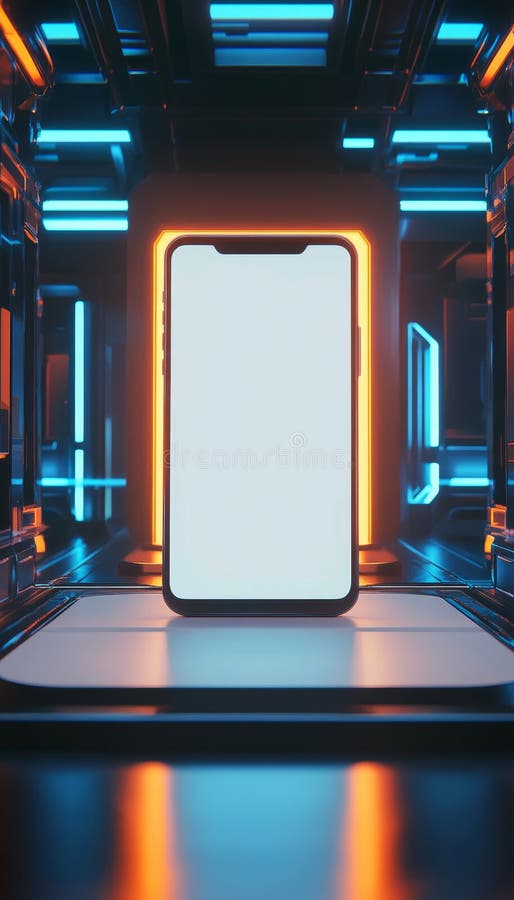Smartphone visualizzato su una superficie bianca in un ambiente di gioco futuristico blu scuro e arancione illustrazione di stock