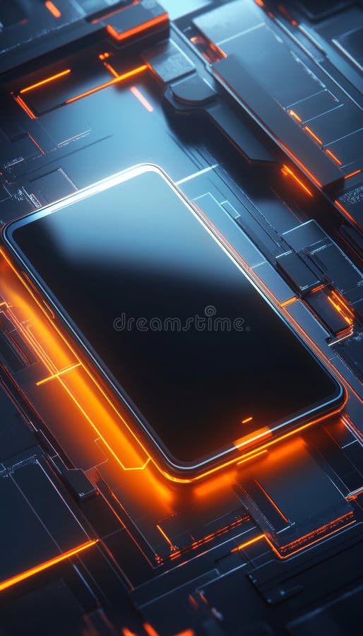 Smartphone visualizzato su uno sfondo di videogiochi futuristico con accenti blu e arancione scuri royalty illustrazione gratis