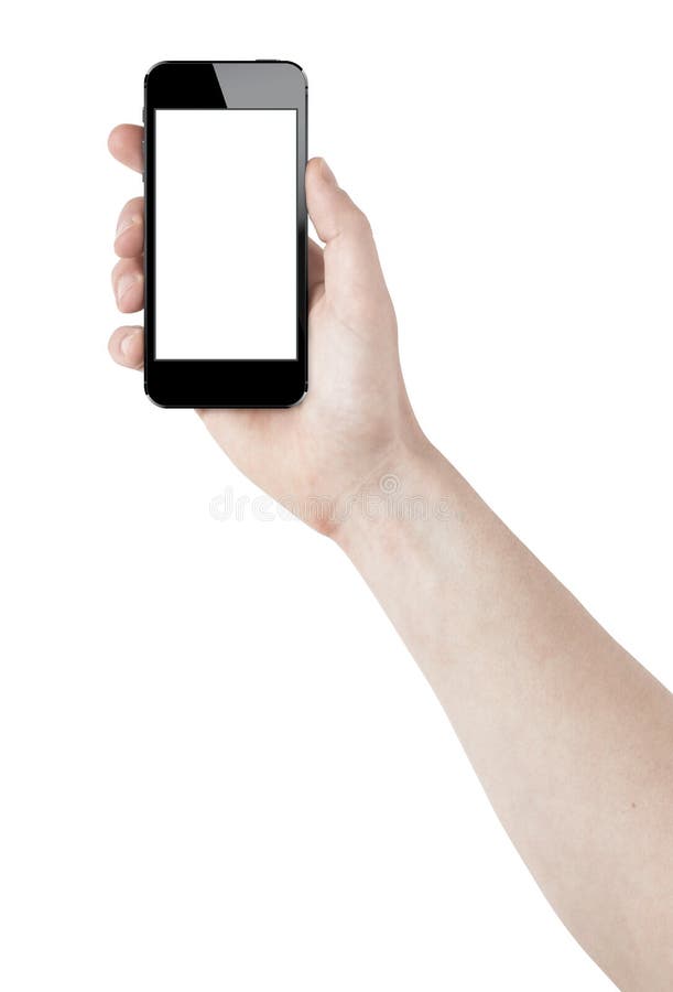 Hand holding a brand new smartphone in curved position with white blank screen. isolated on white. Hand holding a brand new smartphone in curved position with white blank screen. isolated on white.