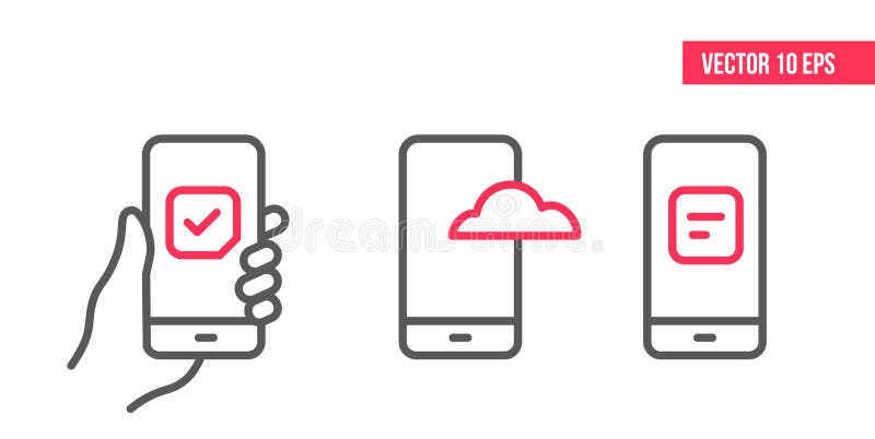 Smartphone z czek oceną na ekranie, obłoczna gości ikona, lista kontrolna schowka ikona Kreskowe ikony Ręka target606_1_ wiszącą royalty ilustracja
