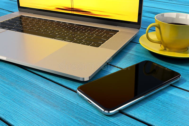 Smartphone ähnlich iPhone X, Laptop-Computer, Kaffee stockfoto Smartphone ähnlich iPhone X, Laptop-Computer, Kaffee stockfoto