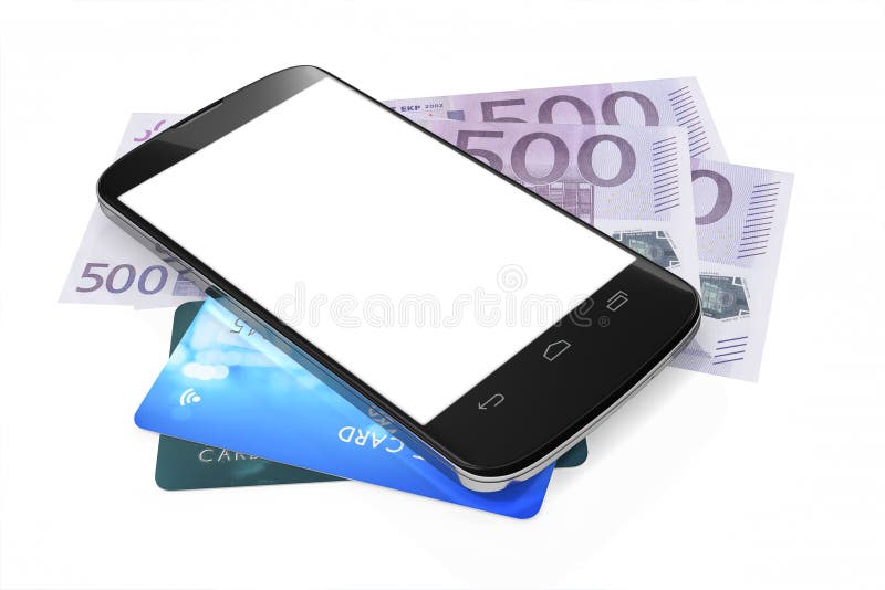 Smartphone, ευρο- σημειώσεις και πιστωτικές κάρτες για την κινητή πληρωμή ελεύθερη απεικόνιση δικαιώματος Smartphone, ευρο- σημειώσεις και πιστωτικές κάρτες για την κινητή πληρωμή ελεύθερη απεικόνιση δικαιώματος